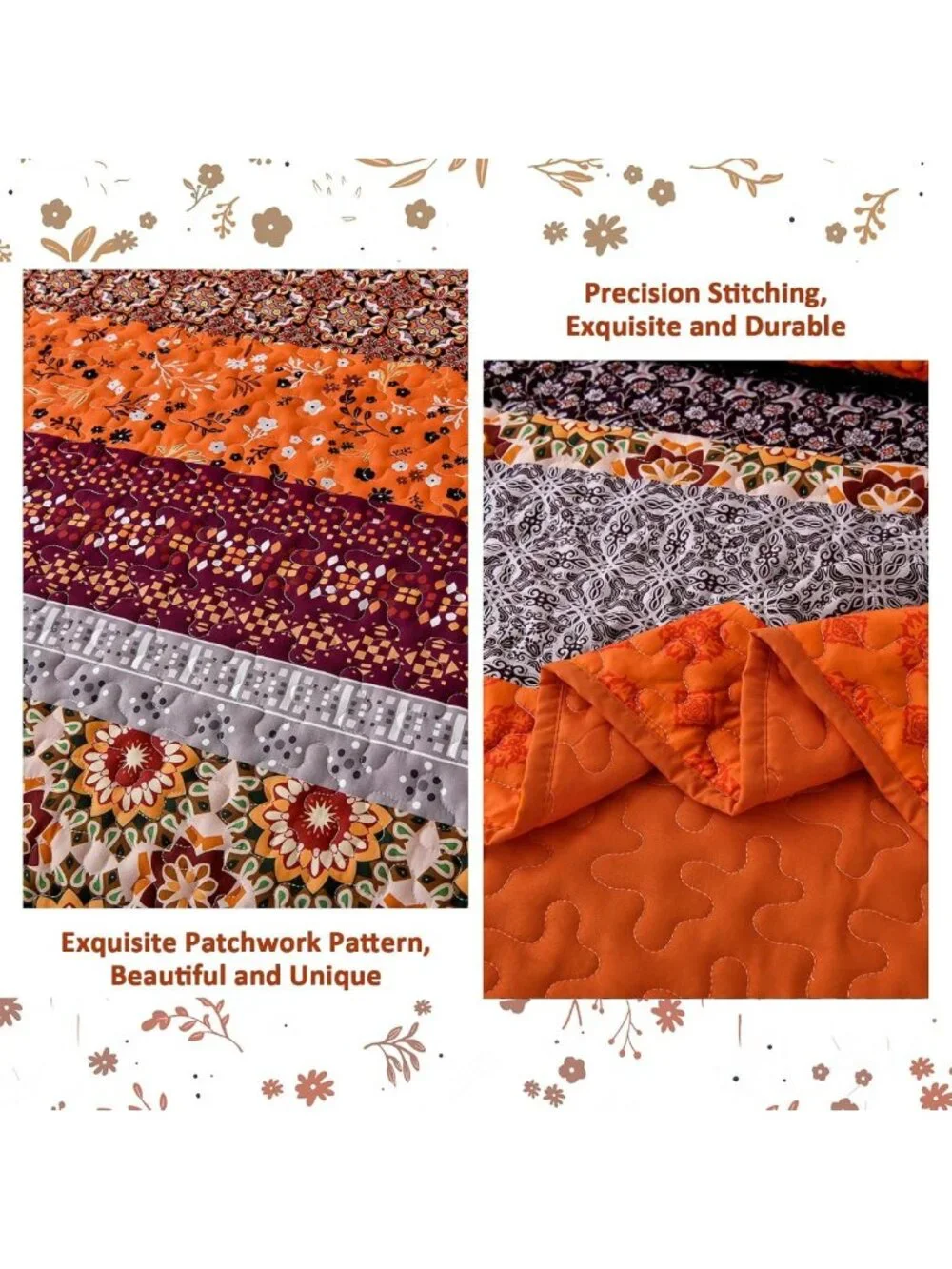 Boho King Quilt Set - 3 Piece Orange Floral Striped Bedspread for Cozy Decor